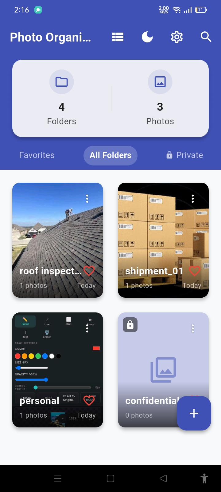 Save2Folder app showing folders organized by job site